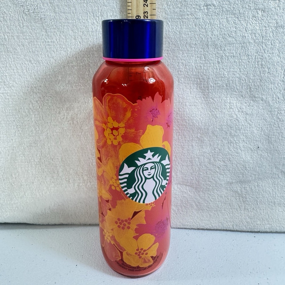 New Starbucks Strawberry Flower Red Pink Floral Glass Water Bottle 20 oz